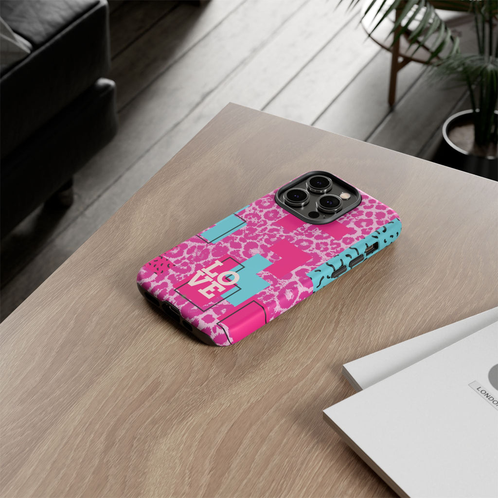 Retro Love Pink Leopard RG Tough Phone Case for iPhone, Galaxy, or Google Pixel