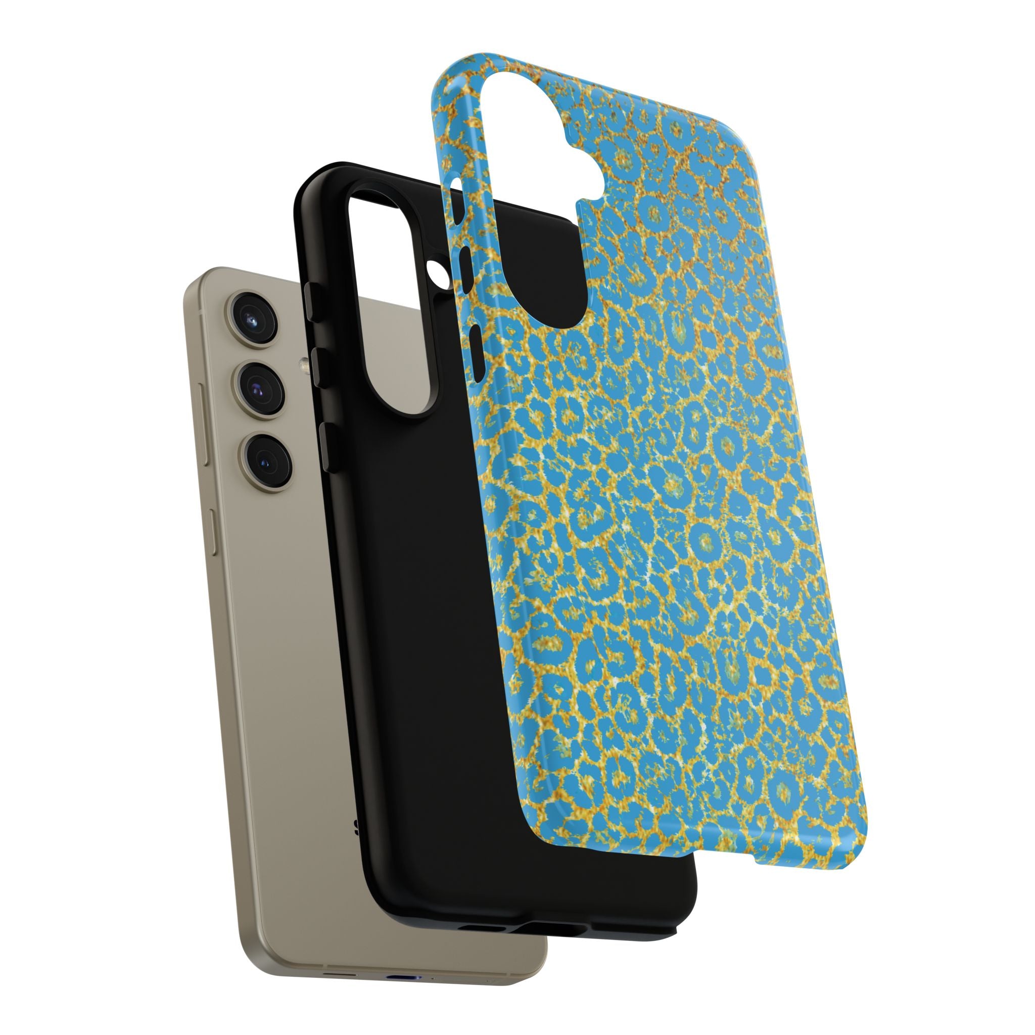 Blue Gold Leopard Tough Phone Case for iPhone, Galaxy, or Google Pixel