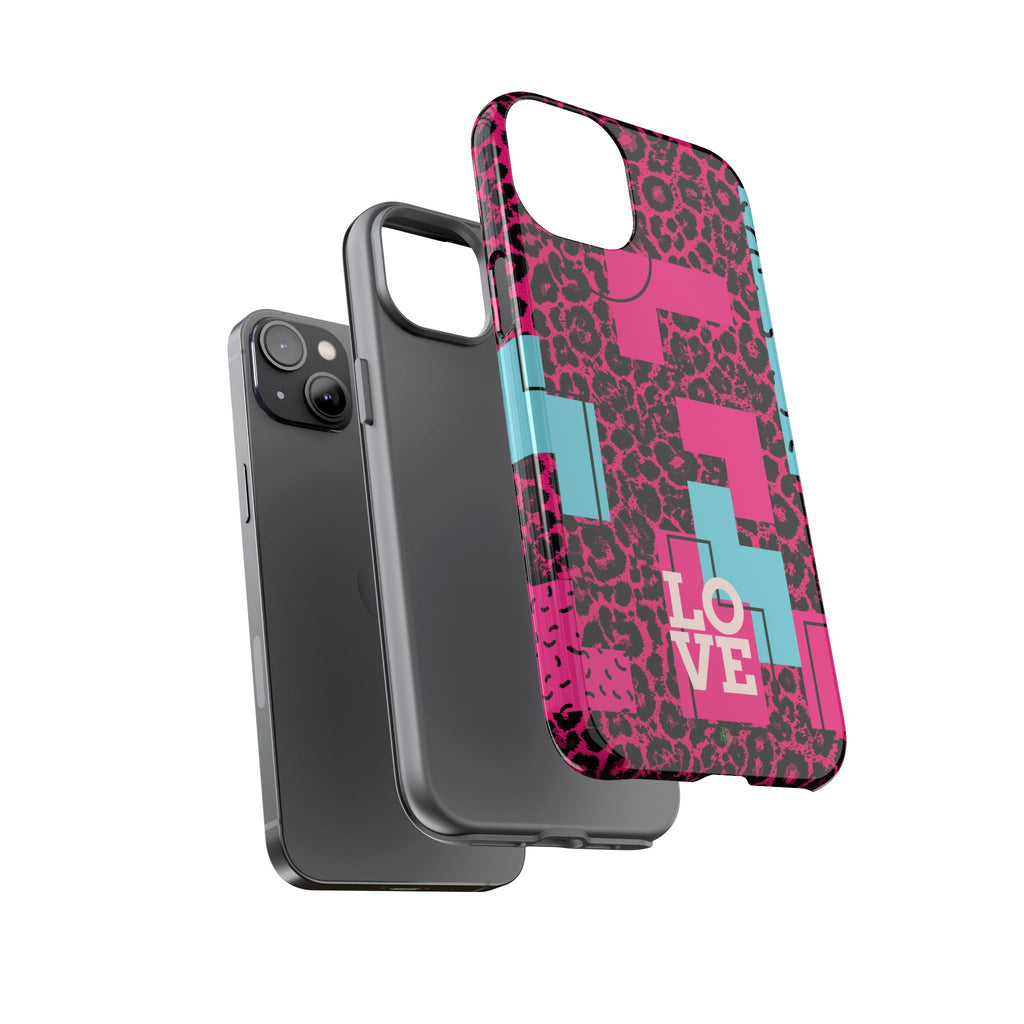 Pink Love Retro Blocks Leopard RG Tough Phone Case for iPhone, Galaxy, or Google Pixel