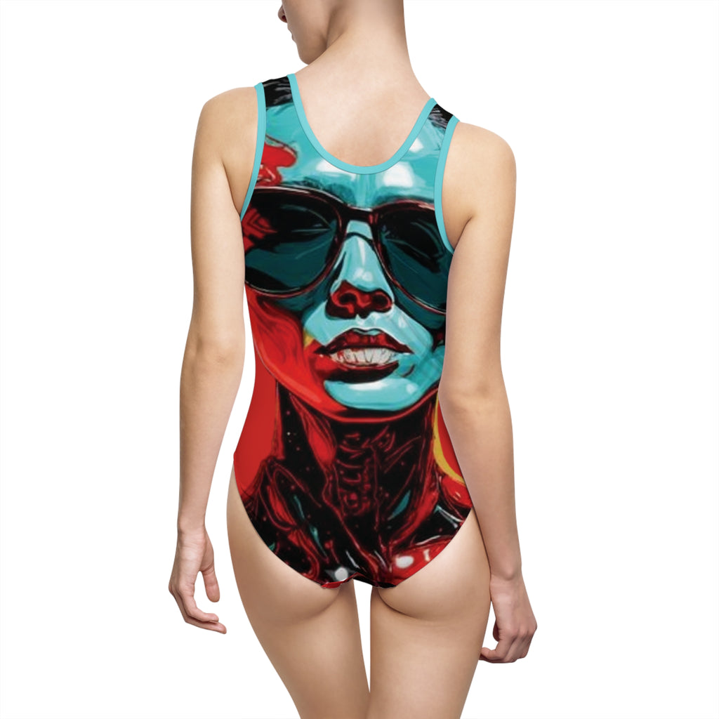 Bold Pop-Art Sunglasses Portrait Swimsuit — Women's One-Piece