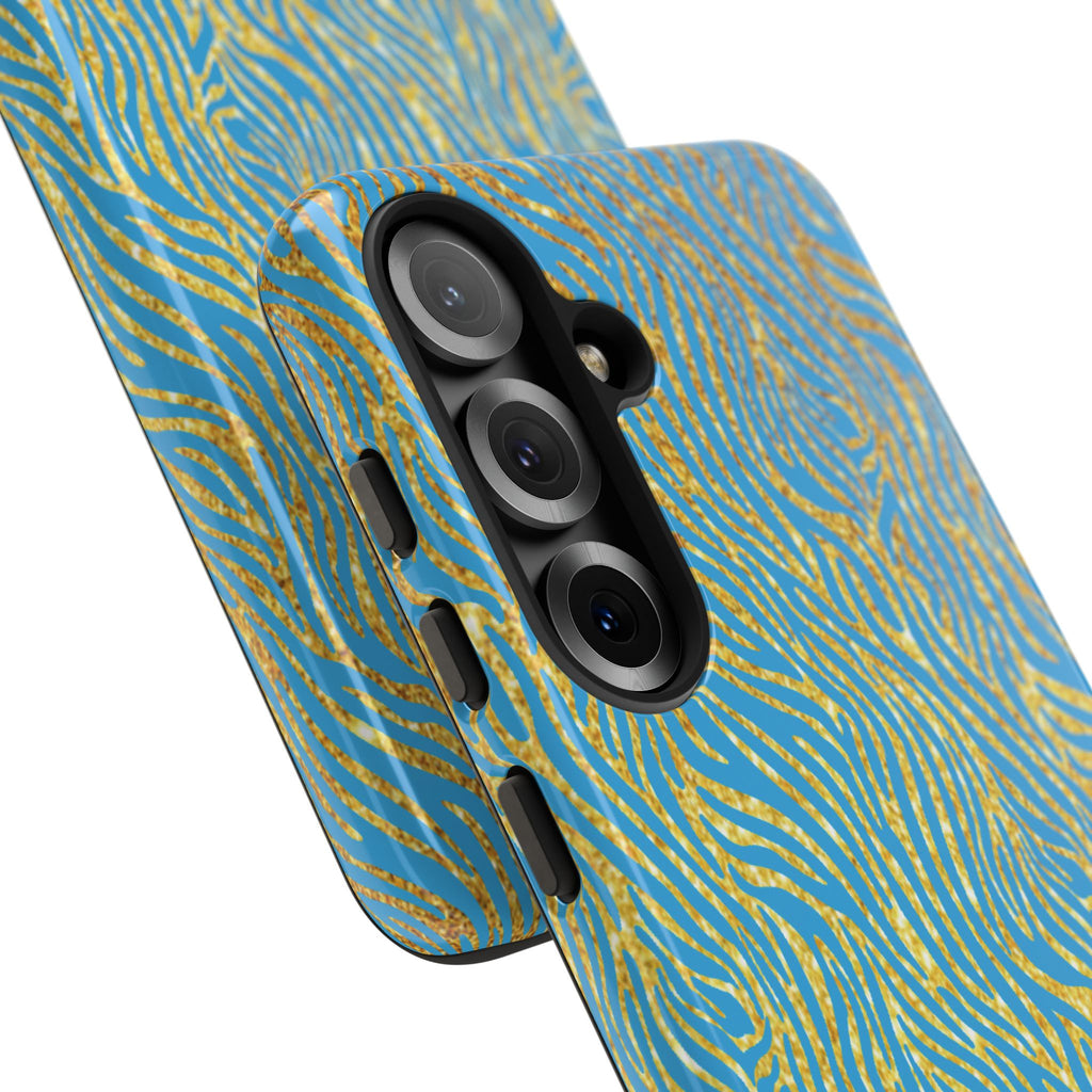 Blue Gold Zebra Tough Case for iPhone, Galaxy, or Google Pixel