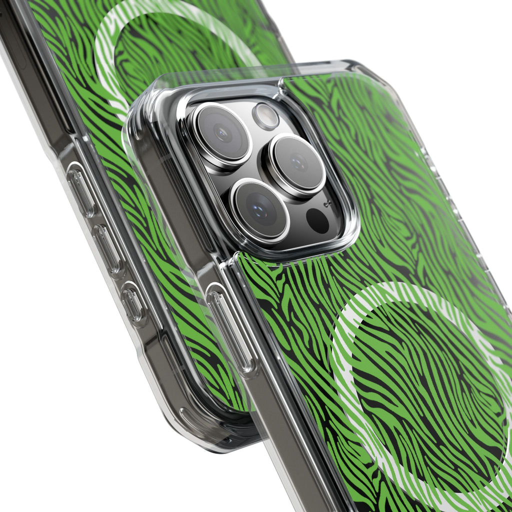 Neon Green Zebra Magnetic iPhone 14, 15, 16 Series Clear Impact Cases