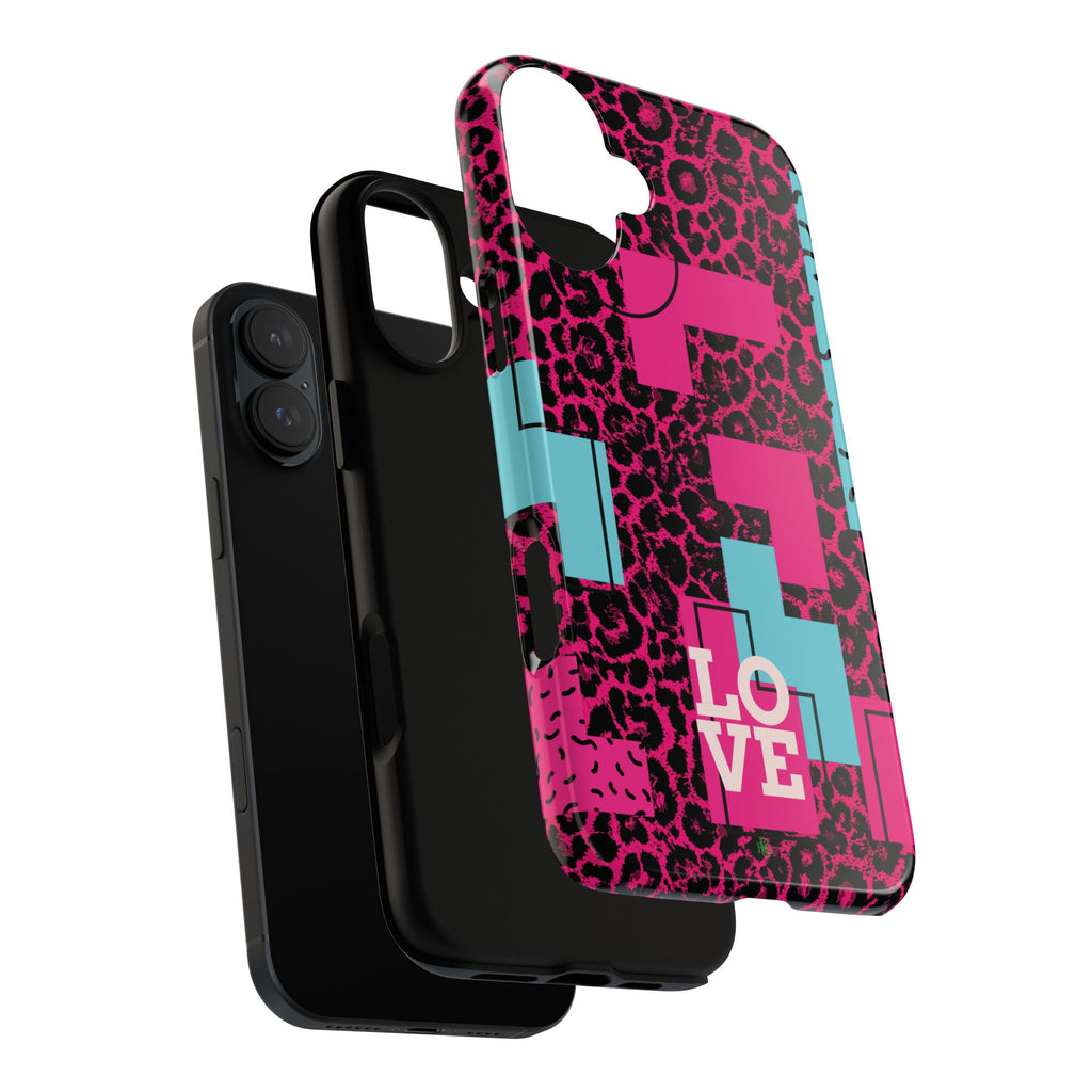 Pink Love Retro Blocks Leopard RG Tough Phone Case for iPhone, Galaxy, or Google Pixel