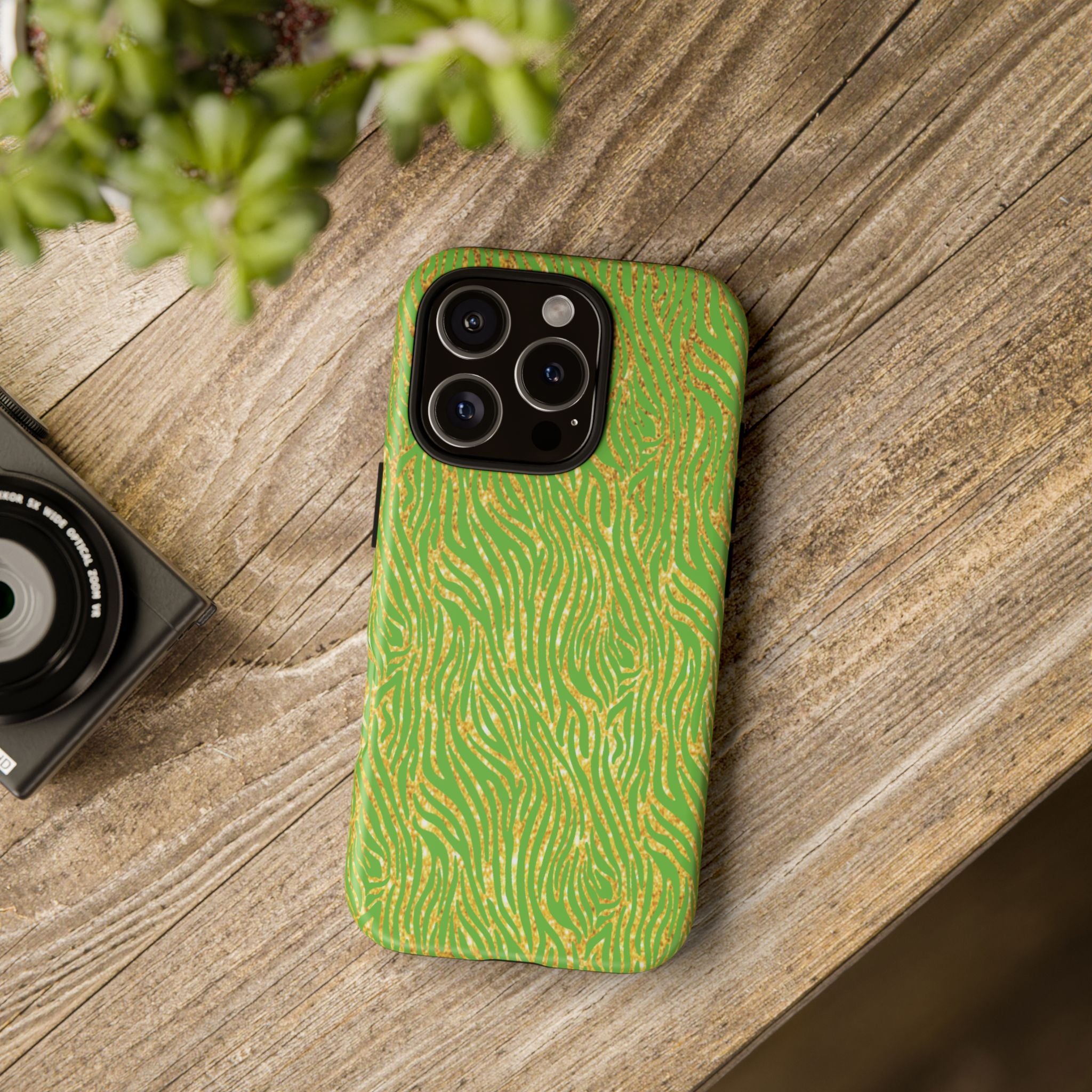 Neon Green Gold Zebra Tough Phone Case for iPhone, Galaxy, or Google Pixel