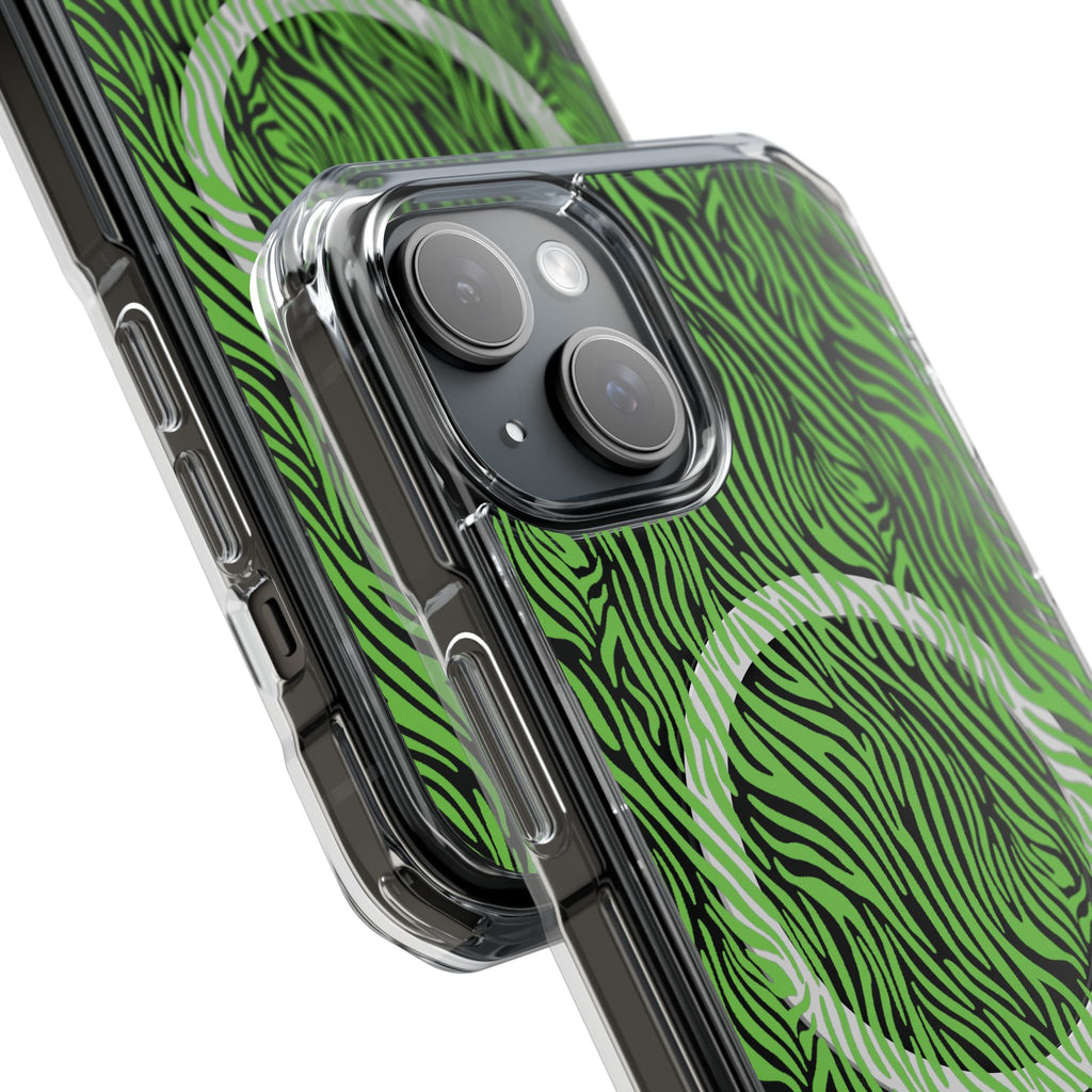 Neon Green Zebra Magnetic iPhone 14, 15, 16 Series Clear Impact Cases