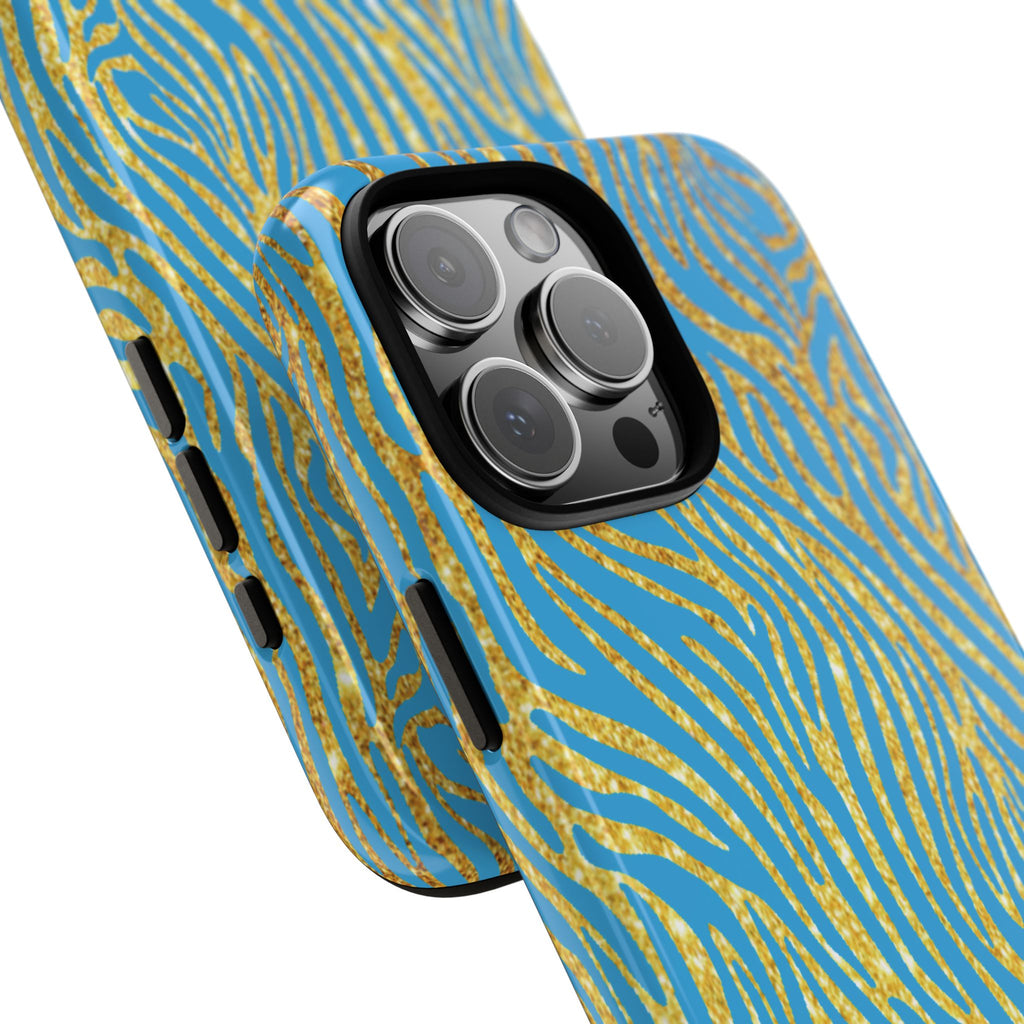 Blue Gold Zebra Tough Case for iPhone, Galaxy, or Google Pixel
