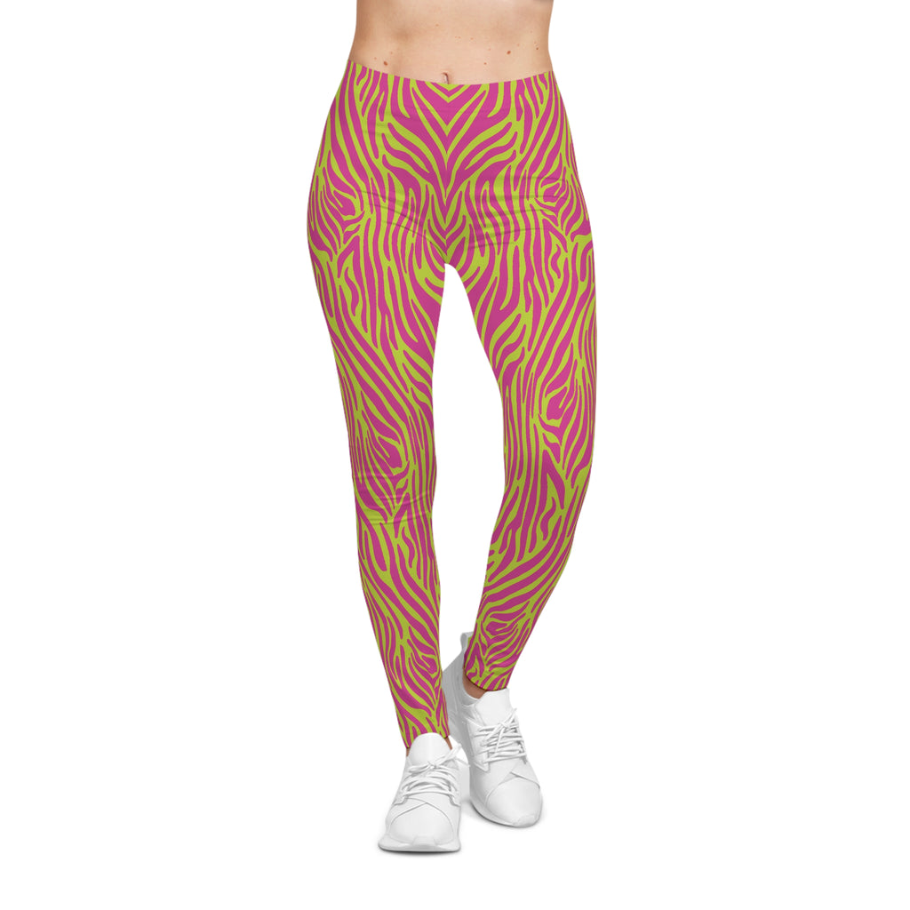 Neon Pink Lime Zebra Print Women's Casual Leggings