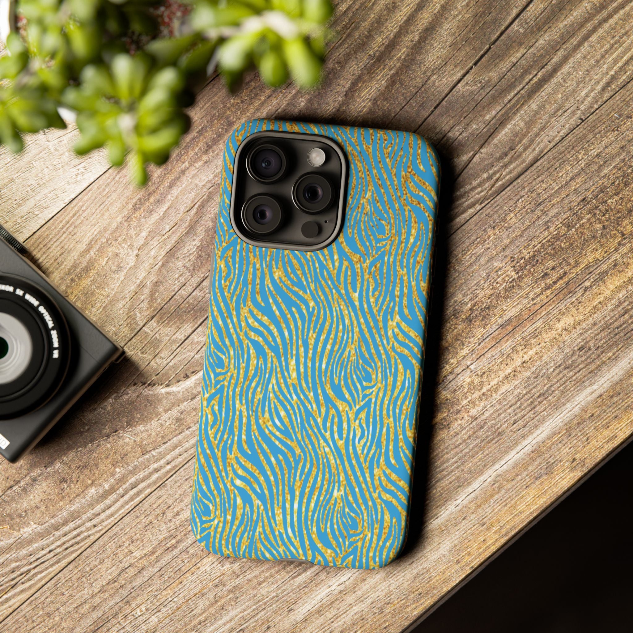 Blue Gold Zebra Tough Case for iPhone, Galaxy, or Google Pixel
