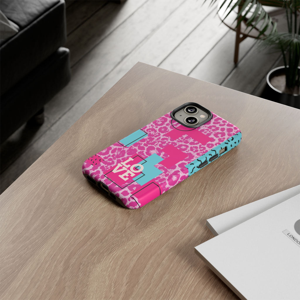 Retro Love Pink Leopard RG Tough Phone Case for iPhone, Galaxy, or Google Pixel