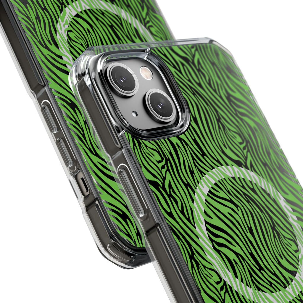 Neon Green Zebra Magnetic iPhone 14, 15, 16 Series Clear Impact Cases