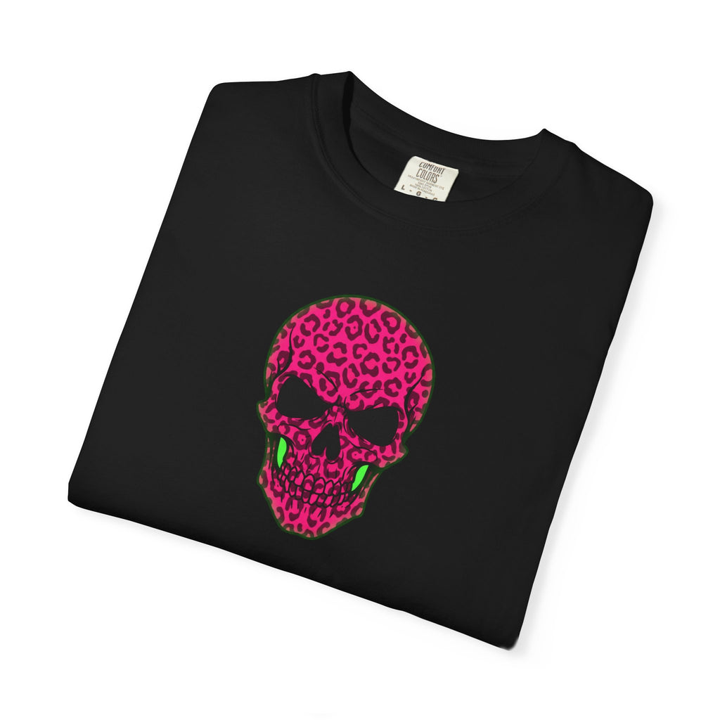 Neon Pink and Green Leopard Print Skull Unisex Garment-Dyed T-shirt