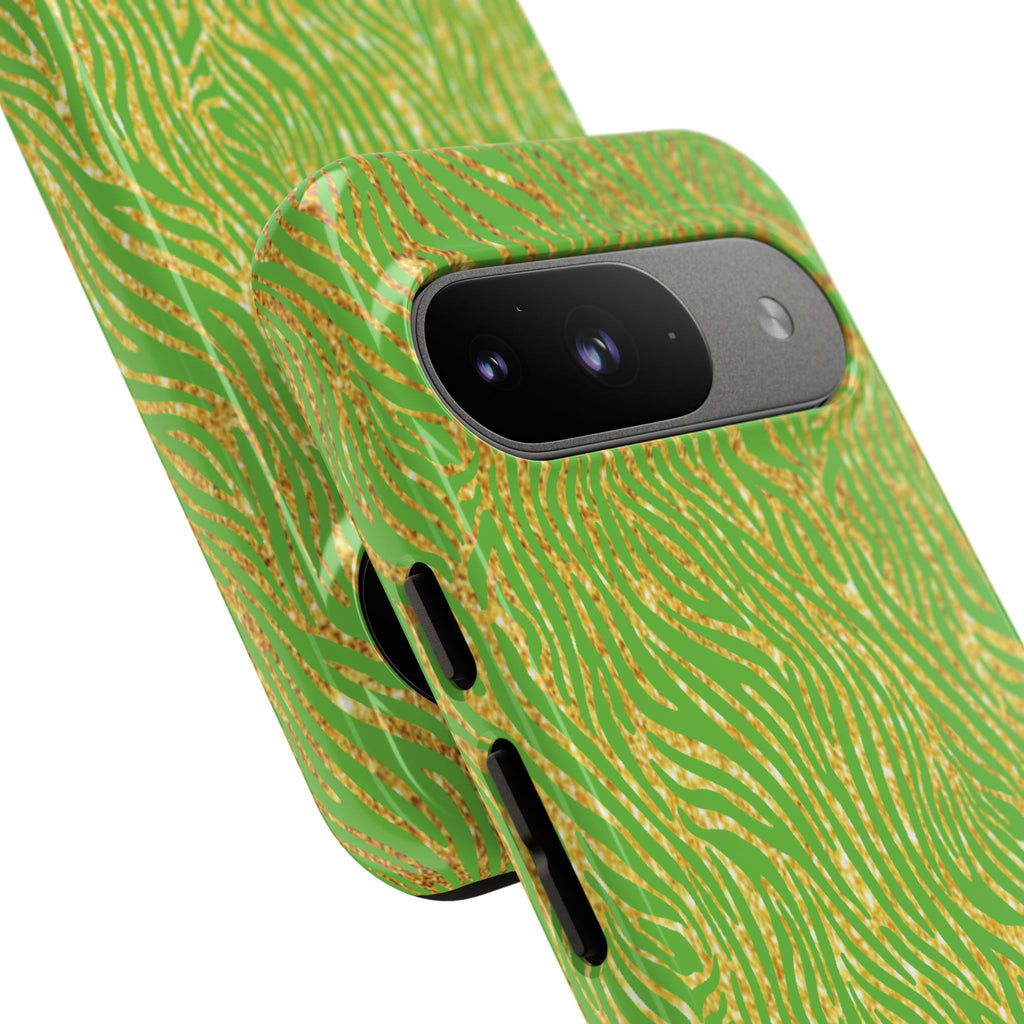 Neon Green Gold Zebra Tough Phone Case for iPhone, Galaxy, or Google Pixel