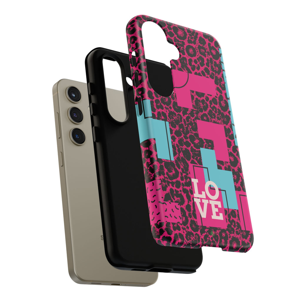 Pink Love Retro Blocks Leopard RG Tough Phone Case for iPhone, Galaxy, or Google Pixel