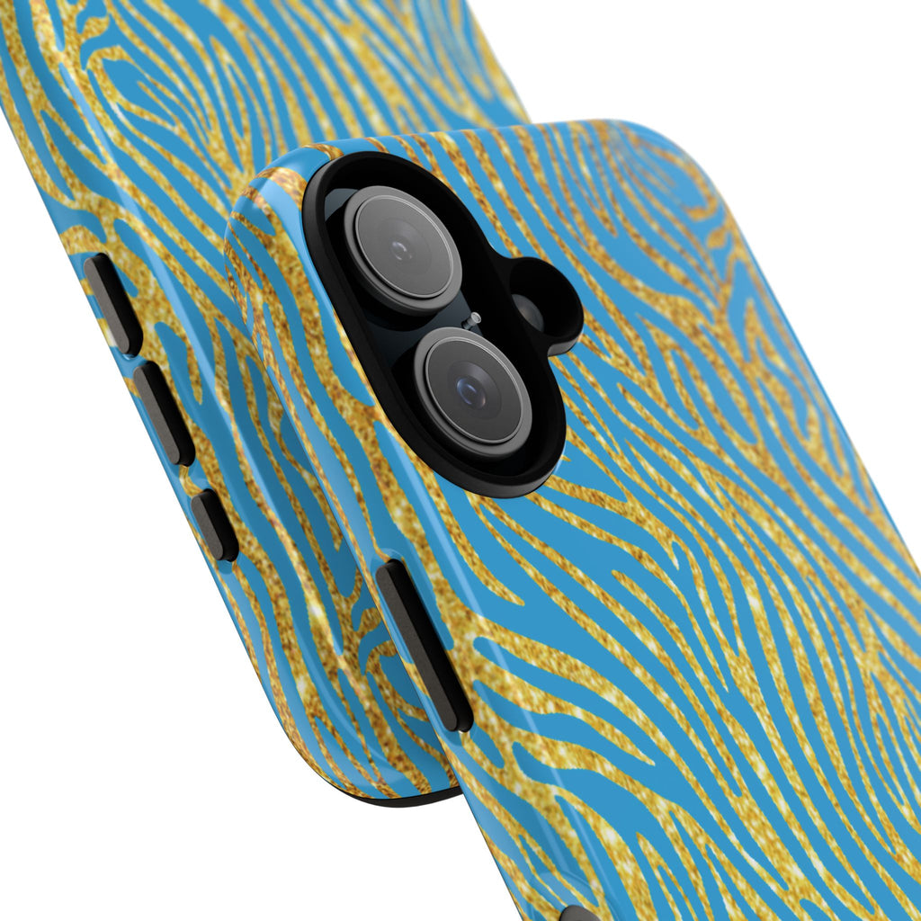 Blue Gold Zebra Tough Case for iPhone, Galaxy, or Google Pixel