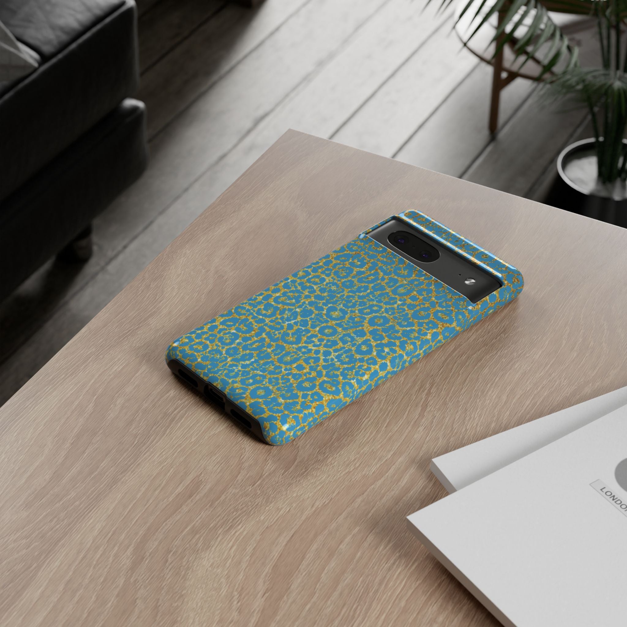 Blue Gold Leopard Tough Phone Case for iPhone, Galaxy, or Google Pixel