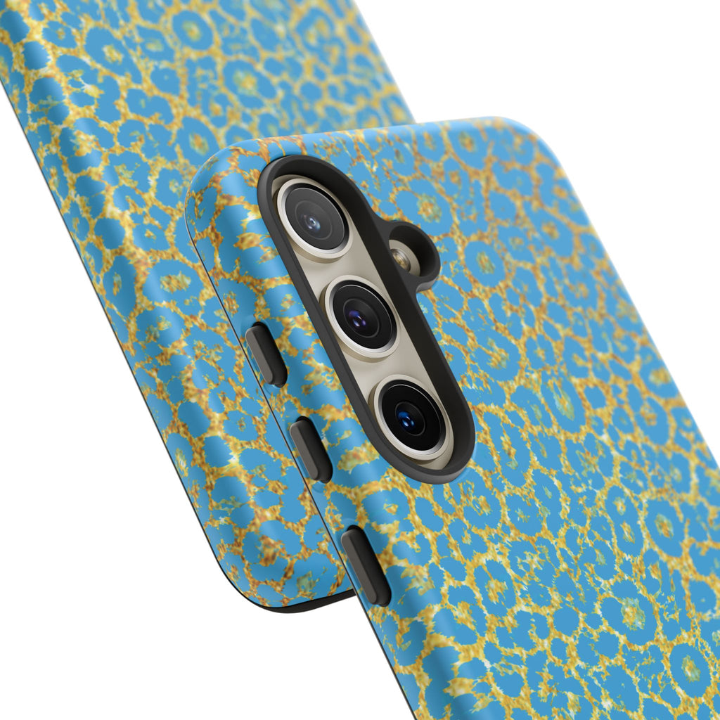 Blue Gold Leopard Tough Phone Case for iPhone, Galaxy, or Google Pixel