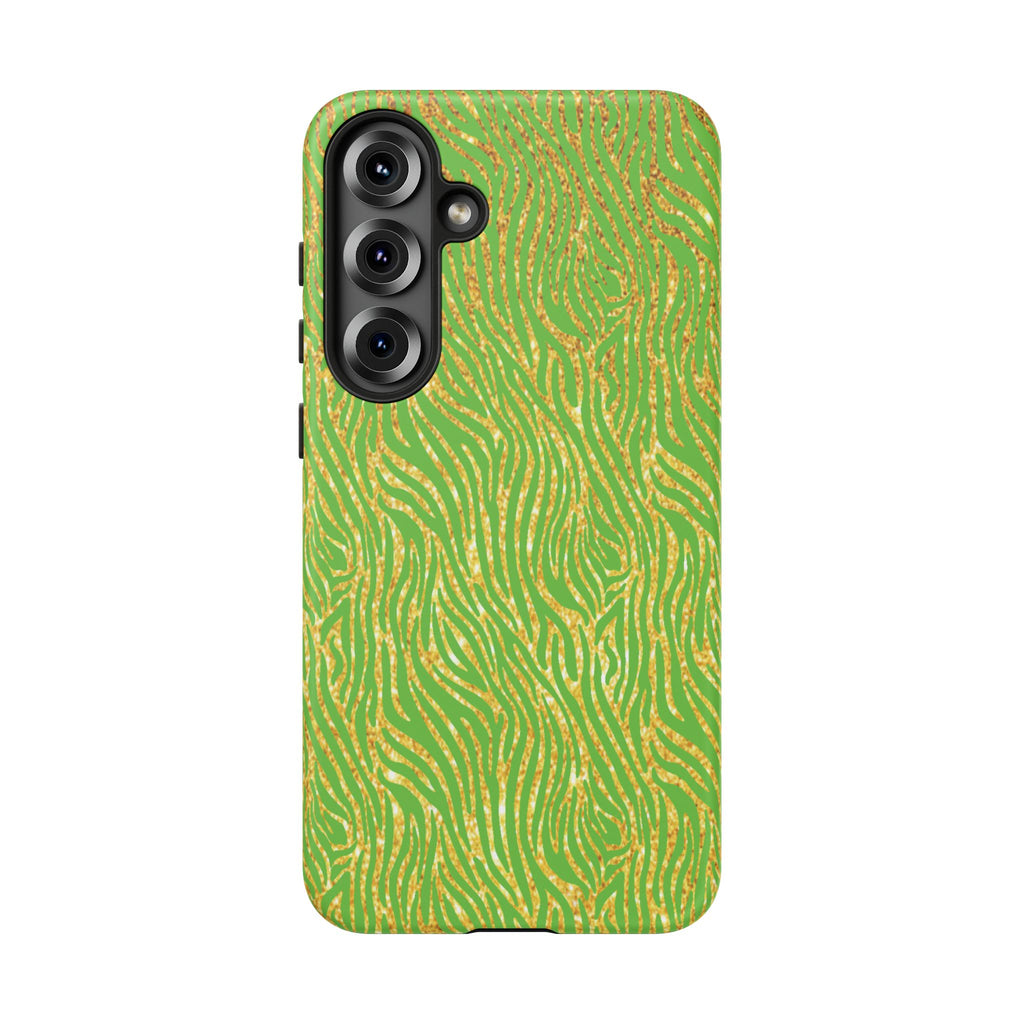 Neon Green Gold Zebra Tough Phone Case for iPhone, Galaxy, or Google Pixel