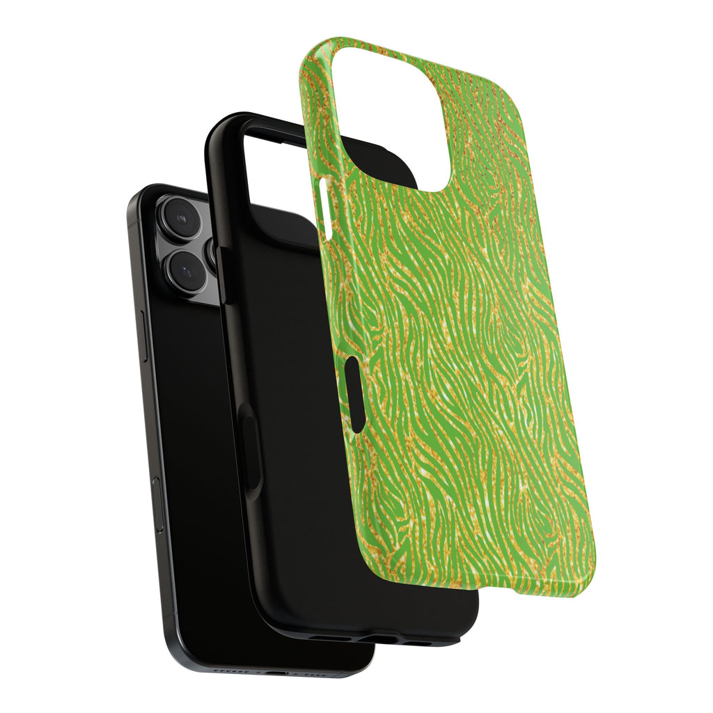 Neon Green Gold Zebra Tough Phone Case for iPhone, Galaxy, or Google Pixel