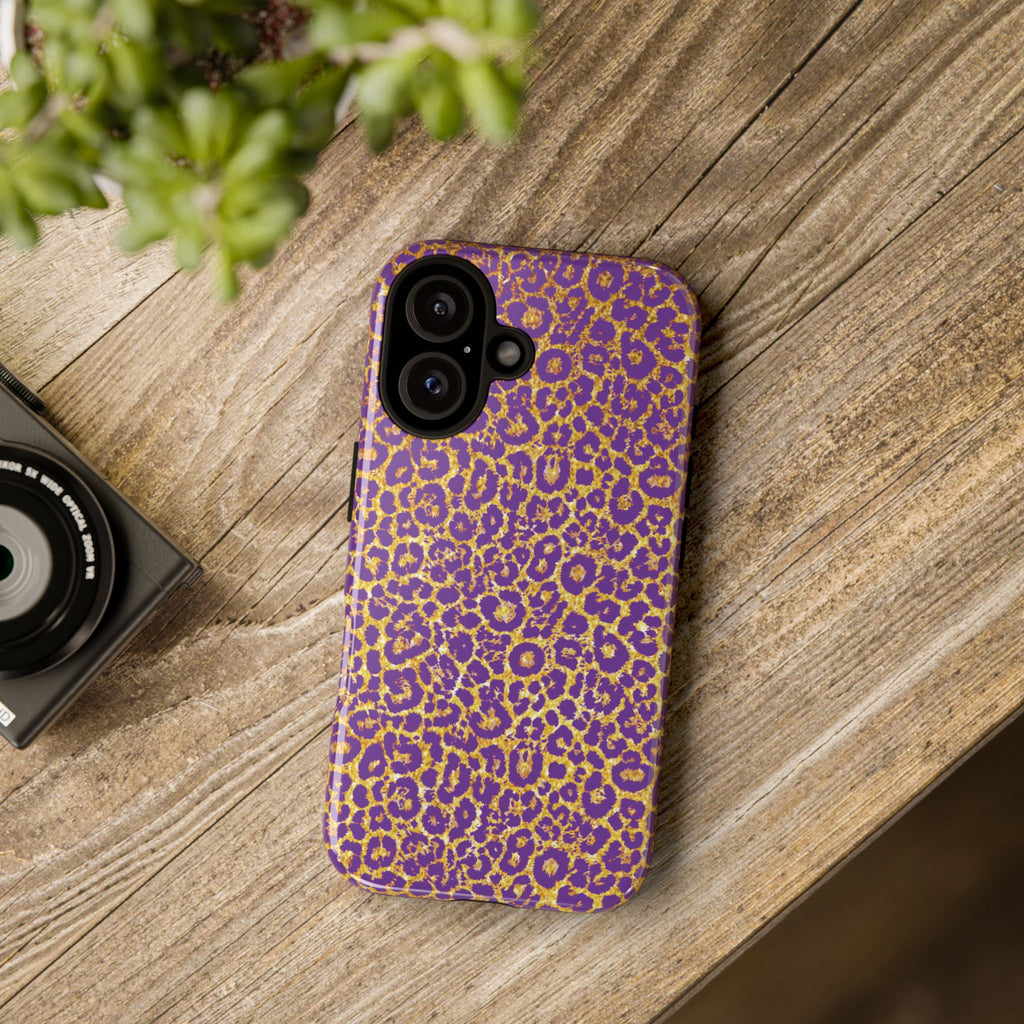 Purple Gold Leopard Tough Phone Case for iPhone, Galaxy, or Google Pixel