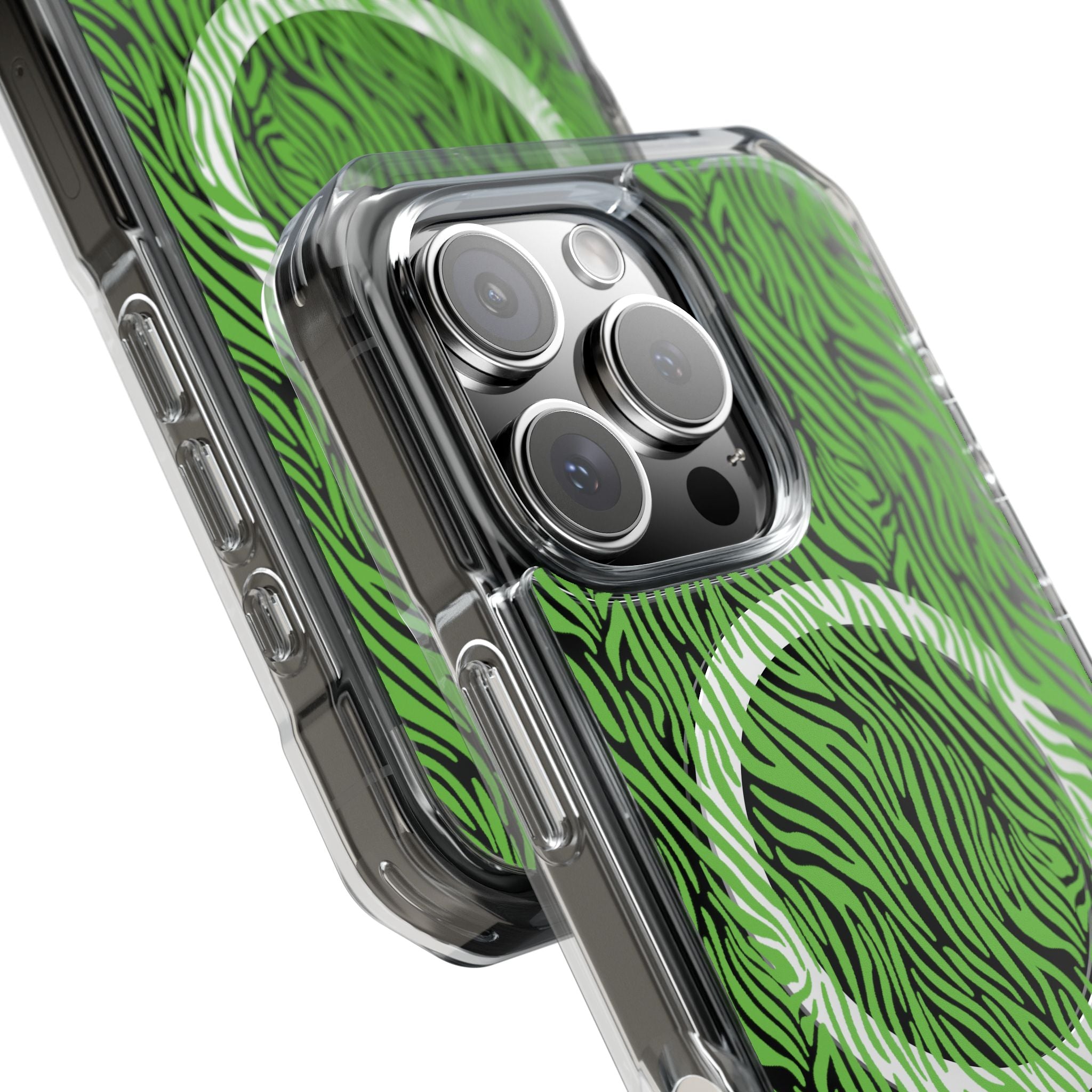 Neon Green Zebra Magnetic iPhone 14, 15, 16 Series Clear Impact Cases
