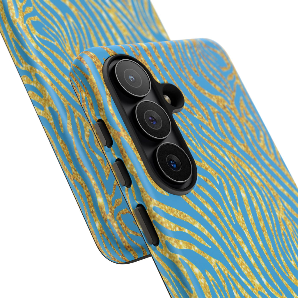 Blue Gold Zebra Tough Case for iPhone, Galaxy, or Google Pixel