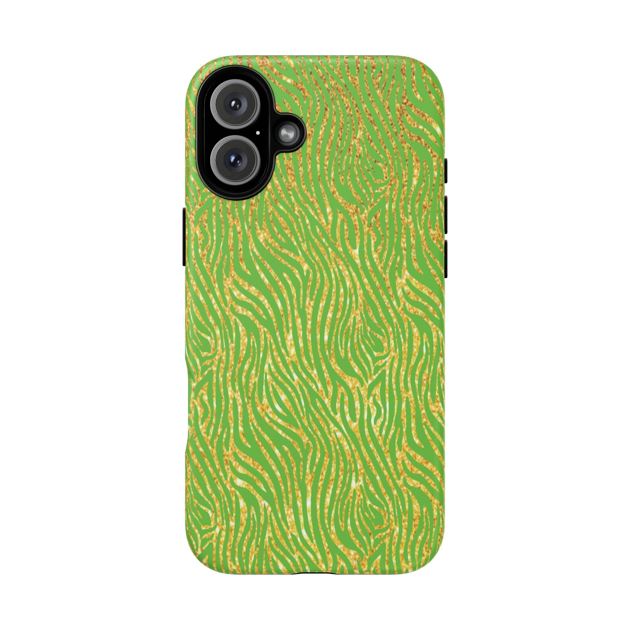 Neon Green Gold Zebra Tough Phone Case for iPhone, Galaxy, or Google Pixel