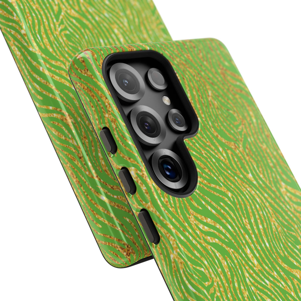 Neon Green Gold Zebra Tough Phone Case for iPhone, Galaxy, or Google Pixel