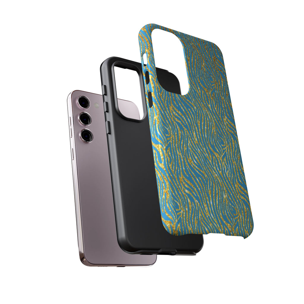 Blue Gold Zebra Tough Case for iPhone, Galaxy, or Google Pixel