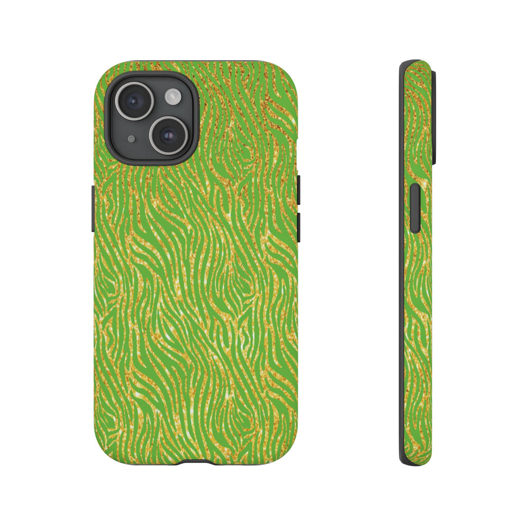 Neon Green Gold Zebra Tough Phone Case for iPhone, Galaxy, or Google Pixel