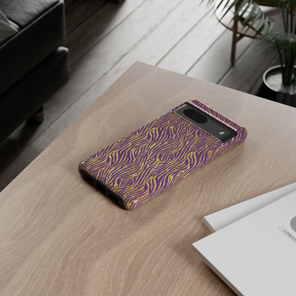 Vibrant Purple Gold Zebra Tough Phone Case iPhone, Galaxy, or Google Pixel