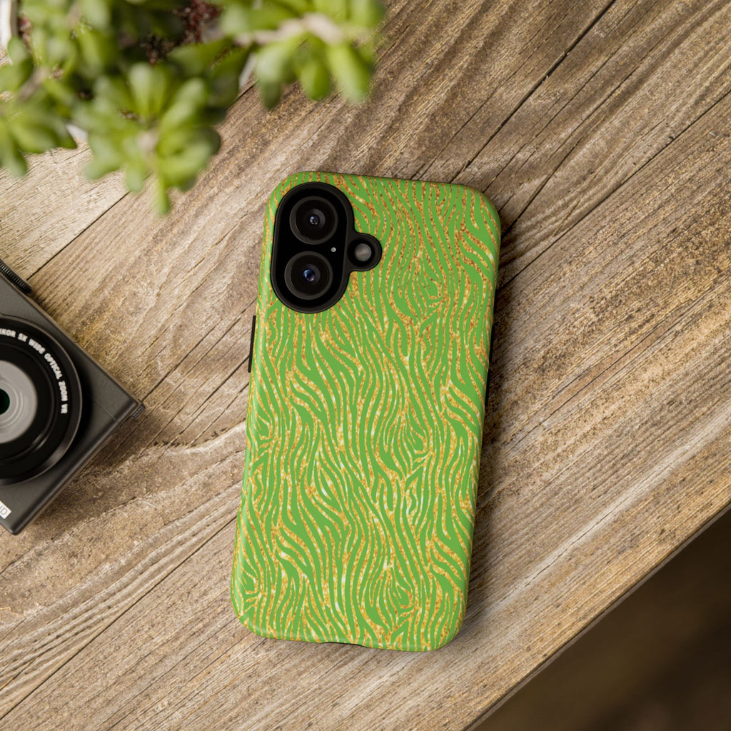 Neon Green Gold Zebra Tough Phone Case for iPhone, Galaxy, or Google Pixel
