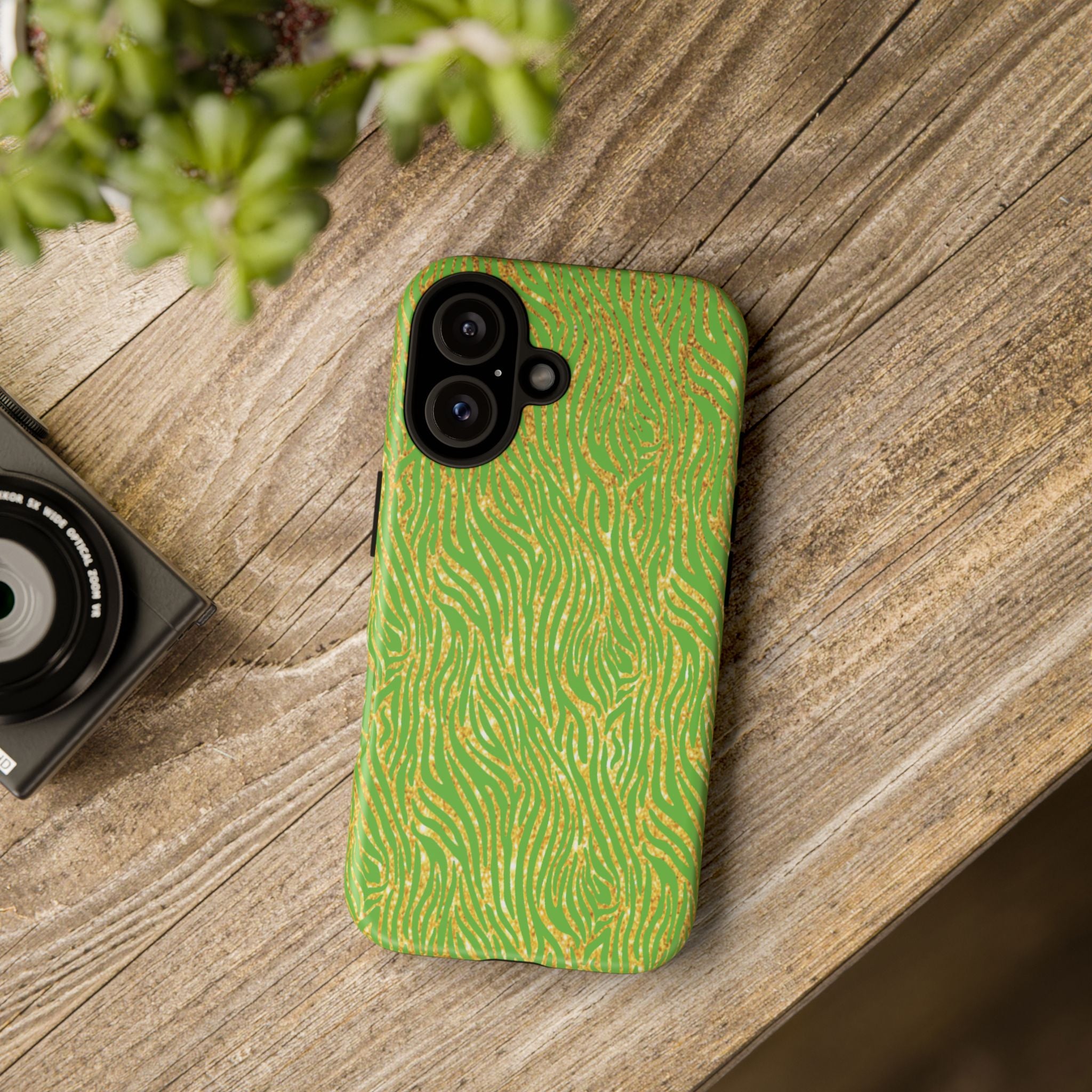 Neon Green Gold Zebra Tough Phone Case for iPhone, Galaxy, or Google Pixel