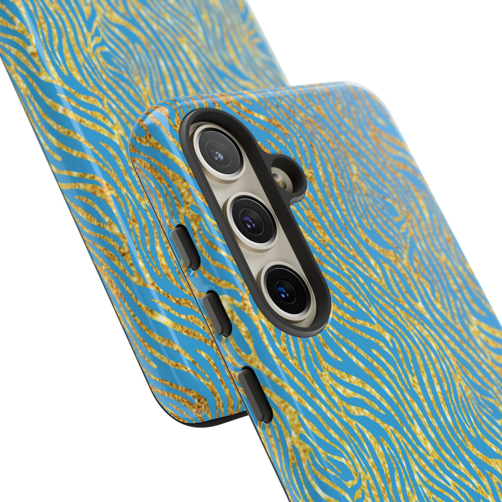 Blue Gold Zebra Tough Case for iPhone, Galaxy, or Google Pixel