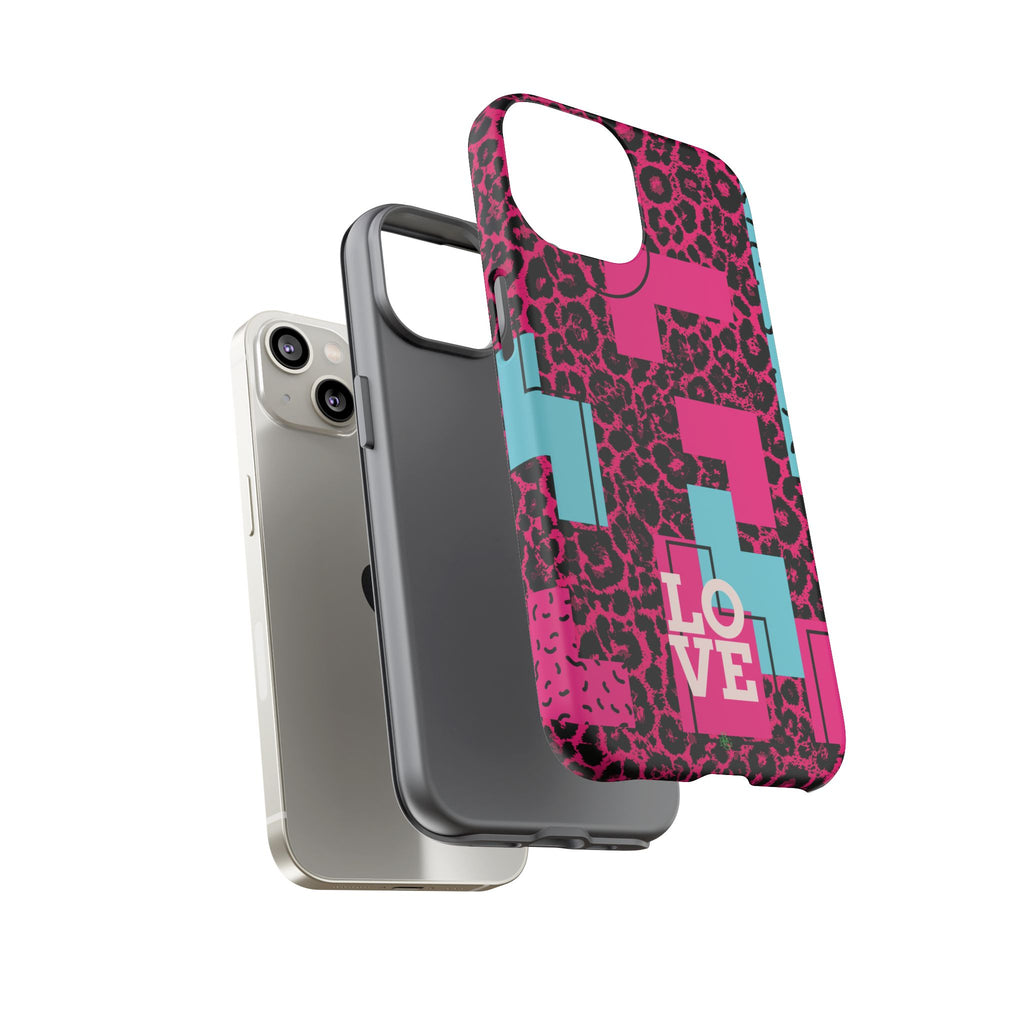 Pink Love Retro Blocks Leopard RG Tough Phone Case for iPhone, Galaxy, or Google Pixel