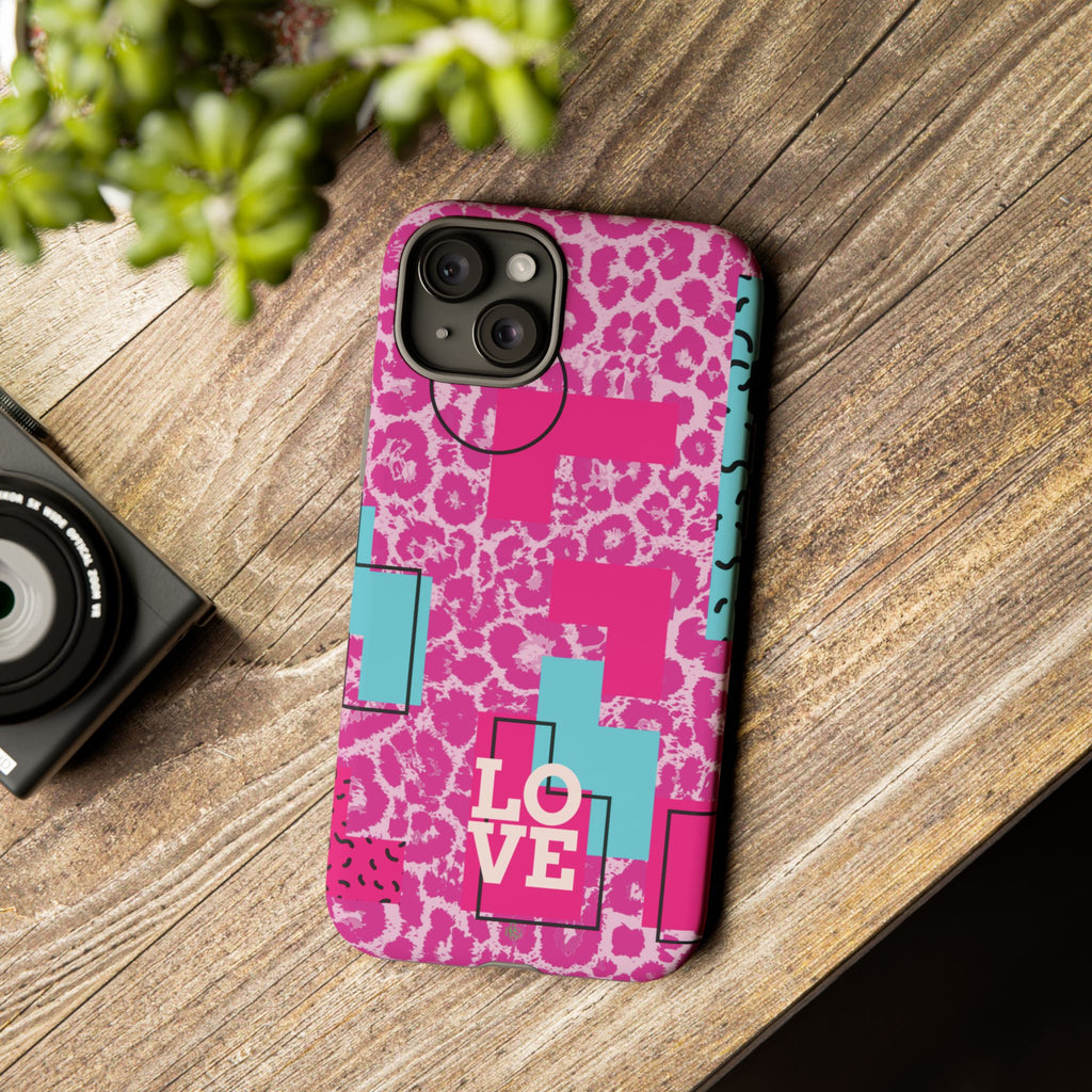 Retro Love Pink Leopard RG Tough Phone Case for iPhone, Galaxy, or Google Pixel