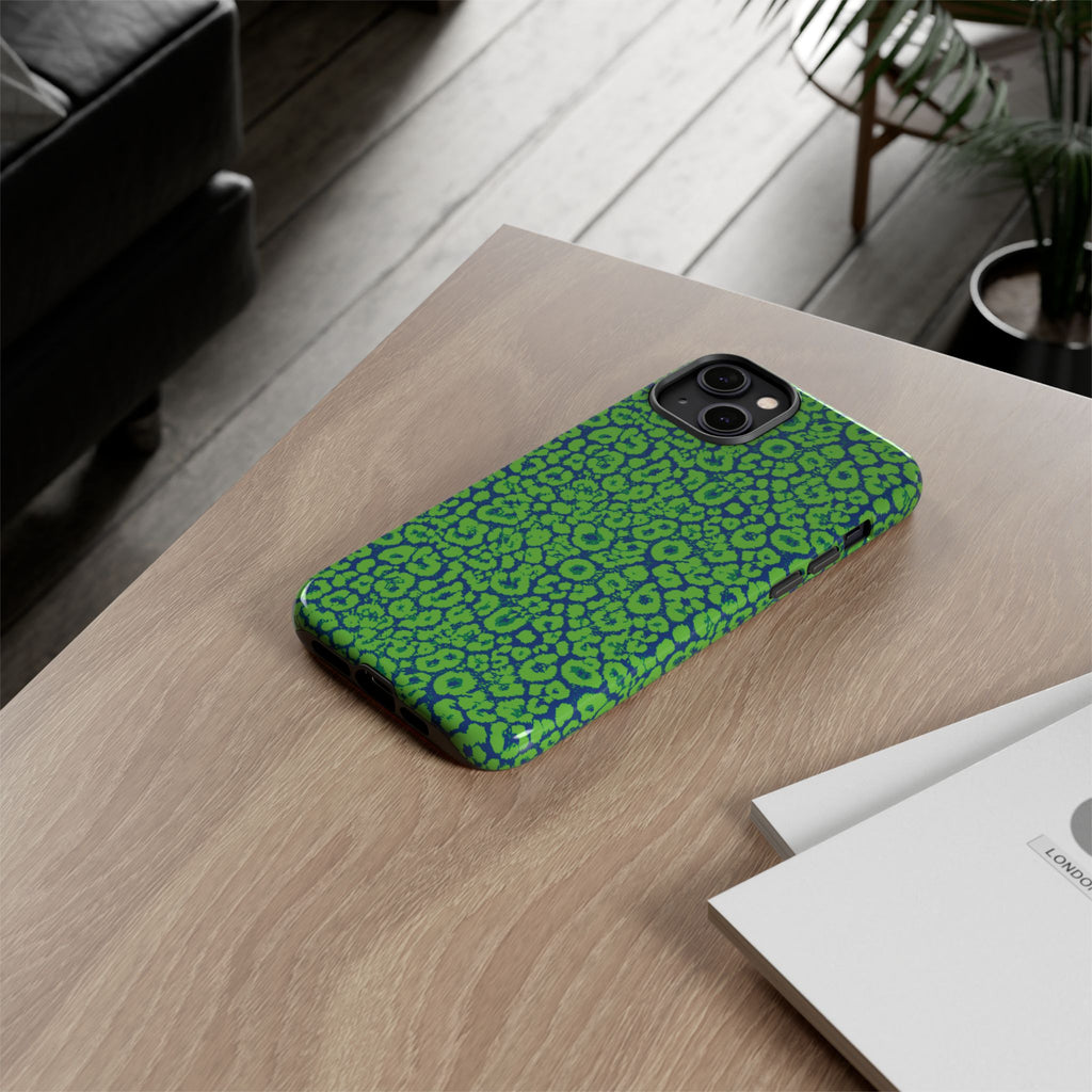 Blue Neon Green  Leopard Tough Phone Case for iPhone, Galaxy, or Google Pixel