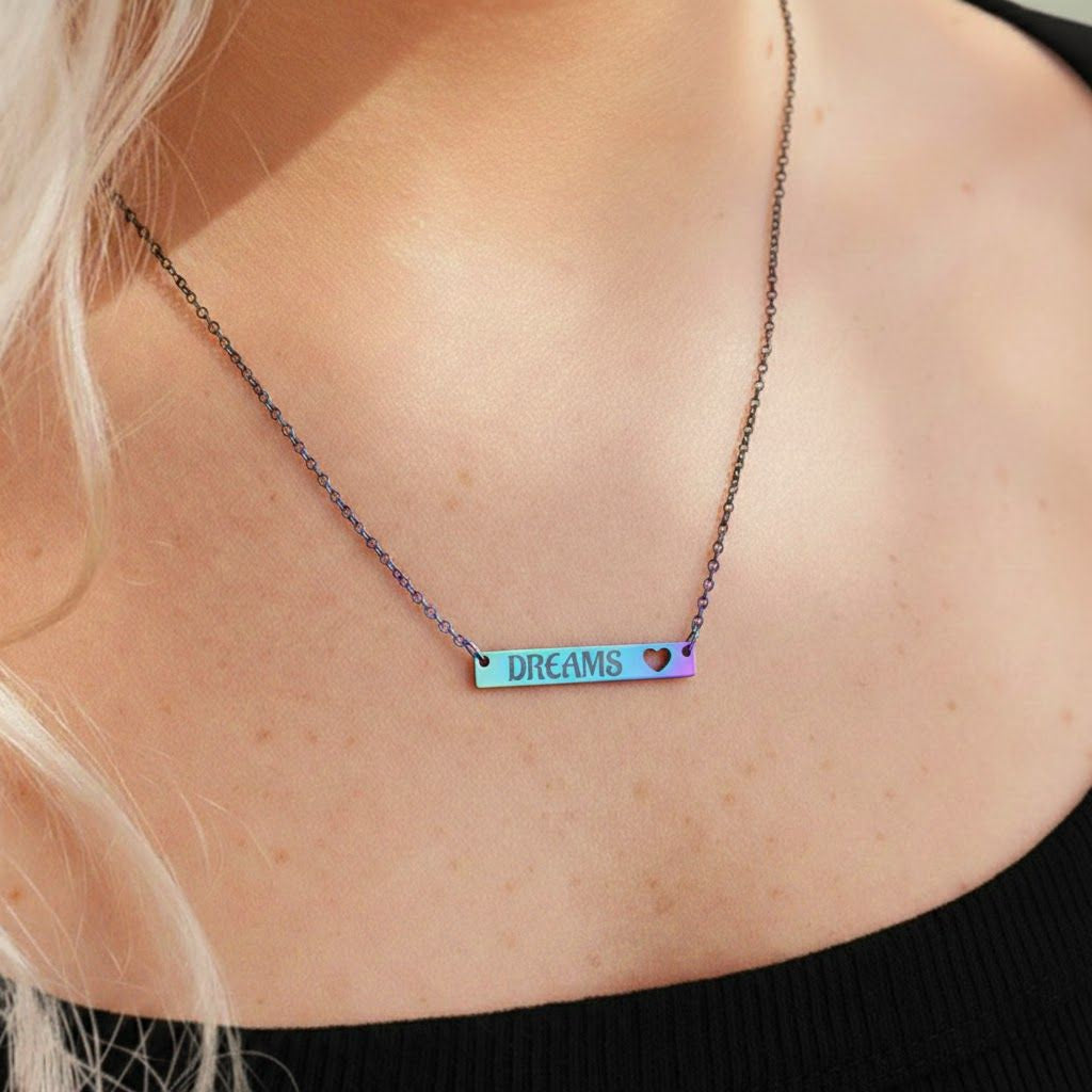 DREAMS Cutout Heart Bar Necklace (Engraving)