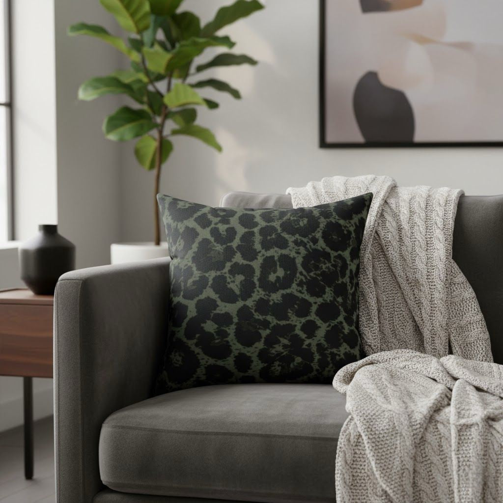 Leopard Print Olive Green Boho Chic Faux Suede Pillow