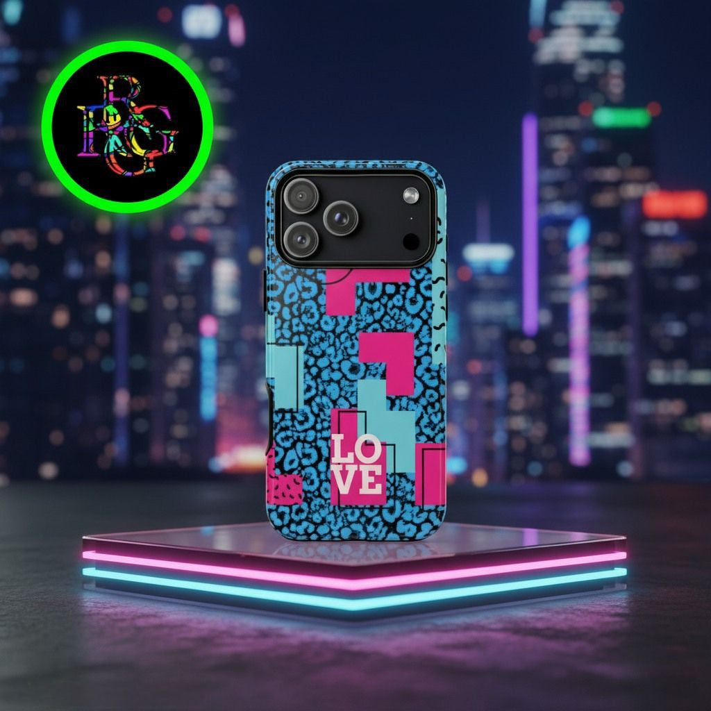 LOVE Blue Leopard 80s Vibe Tough Case for iPhone, Galaxy, or Google Pixel