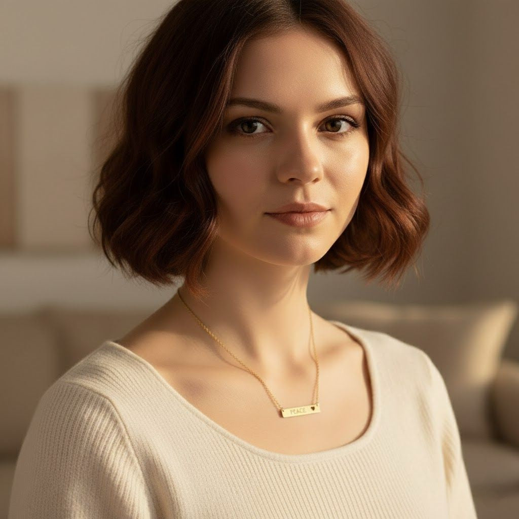 PEACE Cutout Heart Bar Necklace (Engraving)