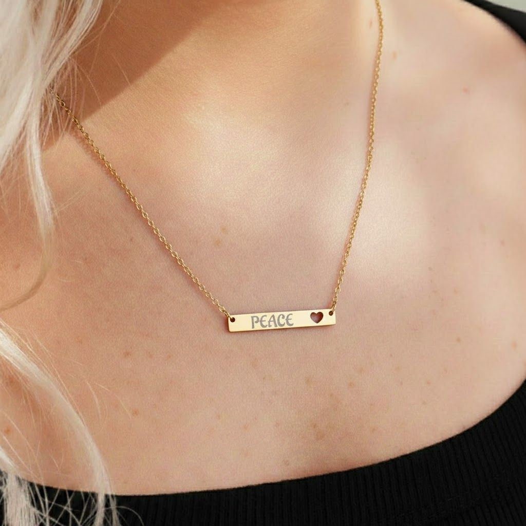 PEACE Cutout Heart Bar Necklace (Engraving)